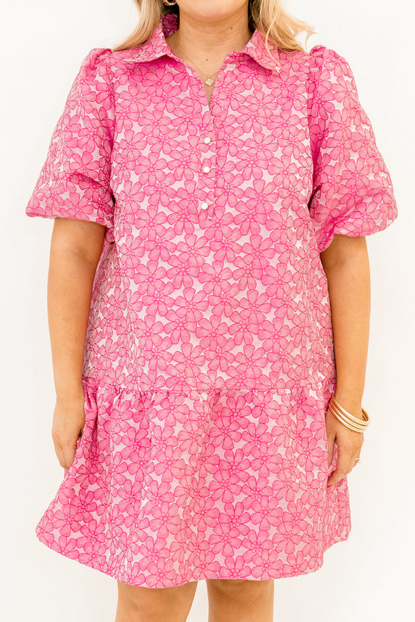 Chic Soul plus size clothing, pink short puff sleeve short dress with collar and three buttons on the top and pink floral print pattern
