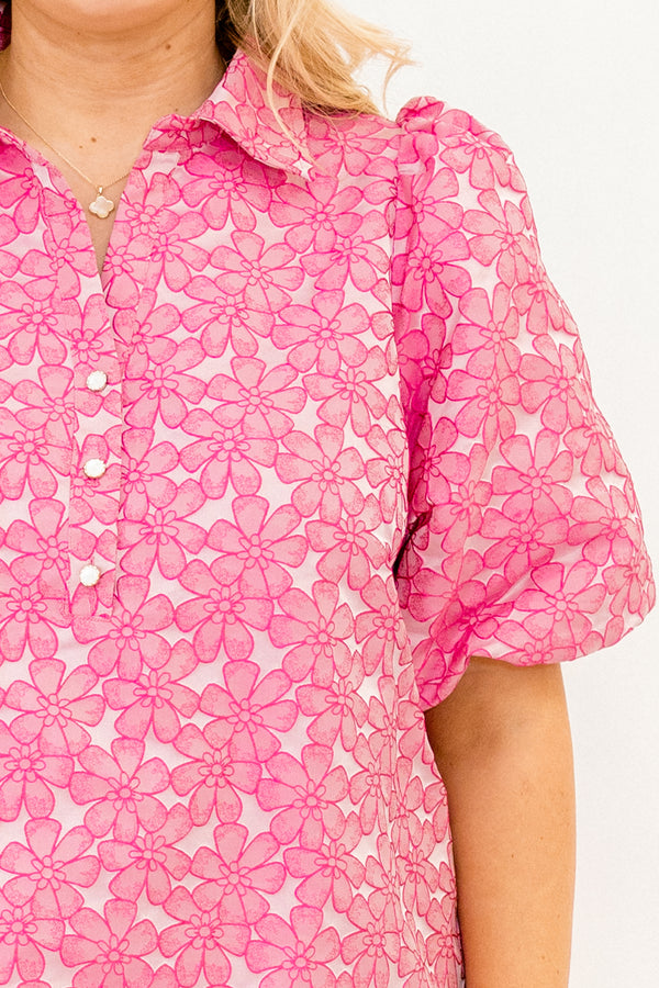 Chic Soul plus size clothing, pink short puff sleeve short dress with collar and three buttons on the top and pink floral print pattern