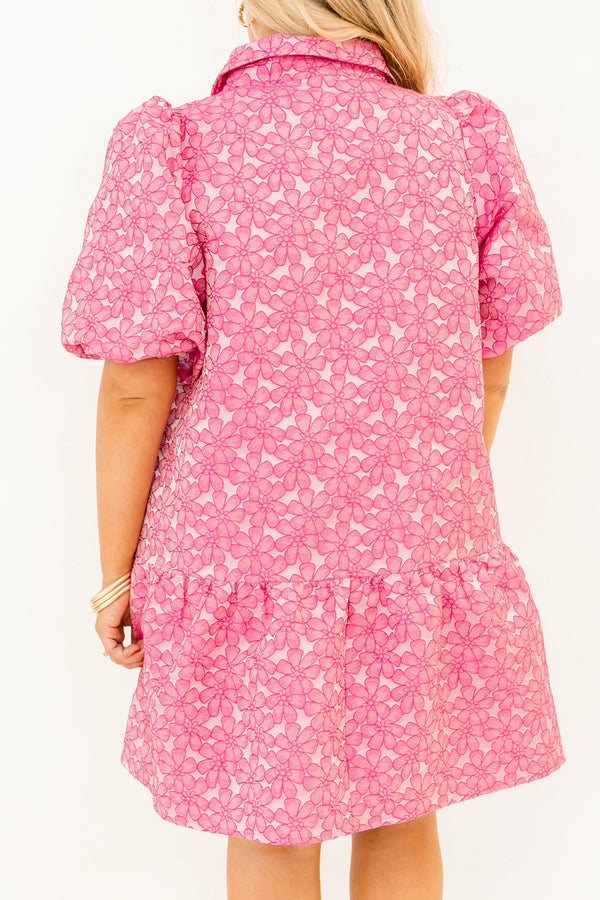 Chic Soul plus size clothing, pink short puff sleeve short dress with collar and three buttons on the top and pink floral print pattern