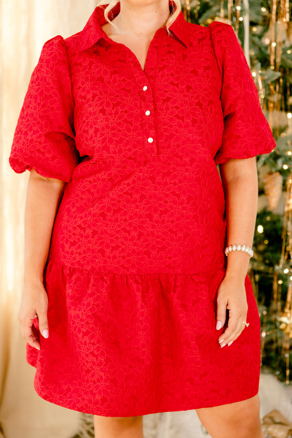 Chic Soul plus size clothing, red short puff sleeve short dress with collar and three buttons on the top and raised red floral textured pattern