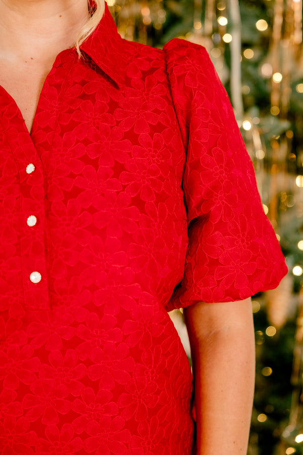 Chic Soul plus size clothing, red short puff sleeve short dress with collar and three buttons on the top and raised red floral textured pattern