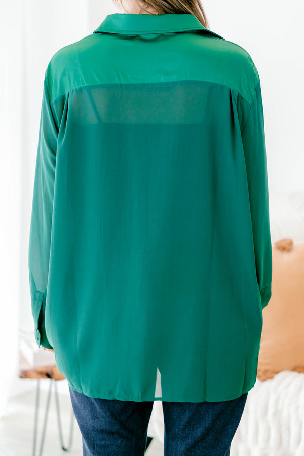 Chic Soul plus size clothing, hunter green long sleeve button down top with two pockets and collar