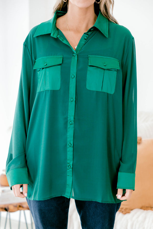 Chic Soul plus size clothing, hunter green long sleeve button down top with two pockets and collar