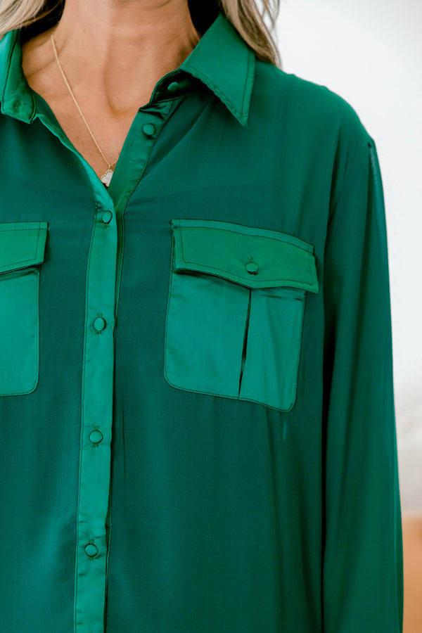 Chic Soul plus size clothing, hunter green long sleeve button down top with two pockets and collar
