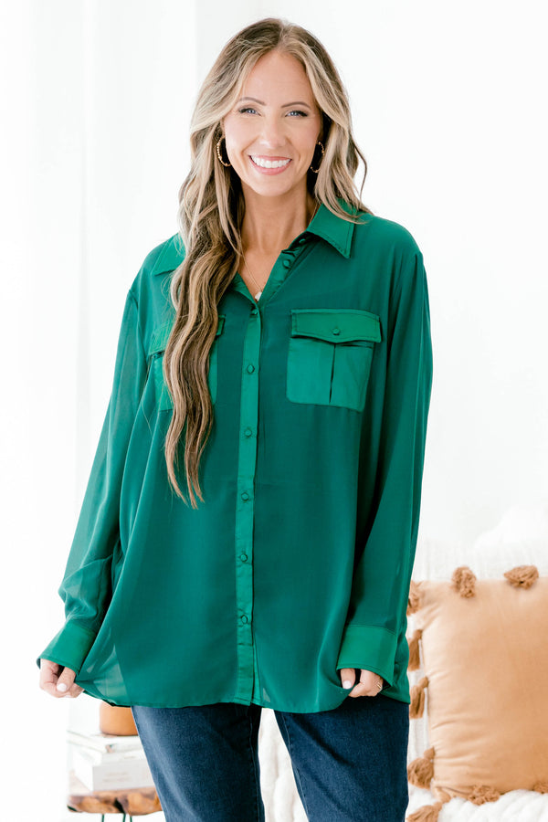 Chic Soul plus size clothing, hunter green long sleeve button down top with two pockets and collar