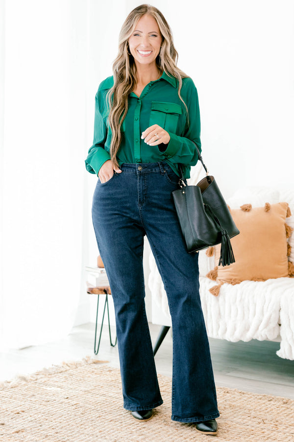 Chic Soul plus size clothing, hunter green long sleeve button down top with two pockets and collar