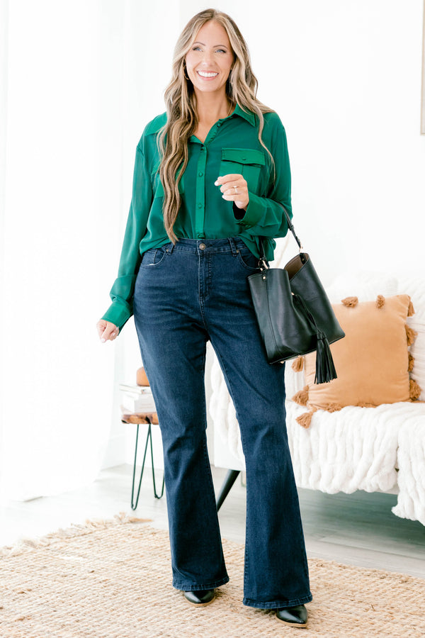 Chic Soul plus size clothing, hunter green long sleeve button down top with two pockets and collar