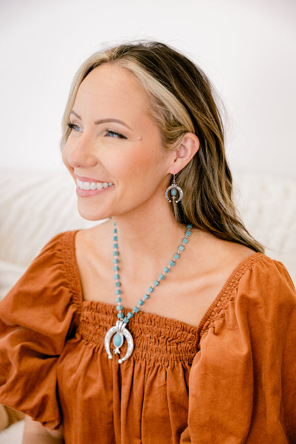 Chic Soul plus size clothing, turquoise beaded necklace with silver half moon pendant