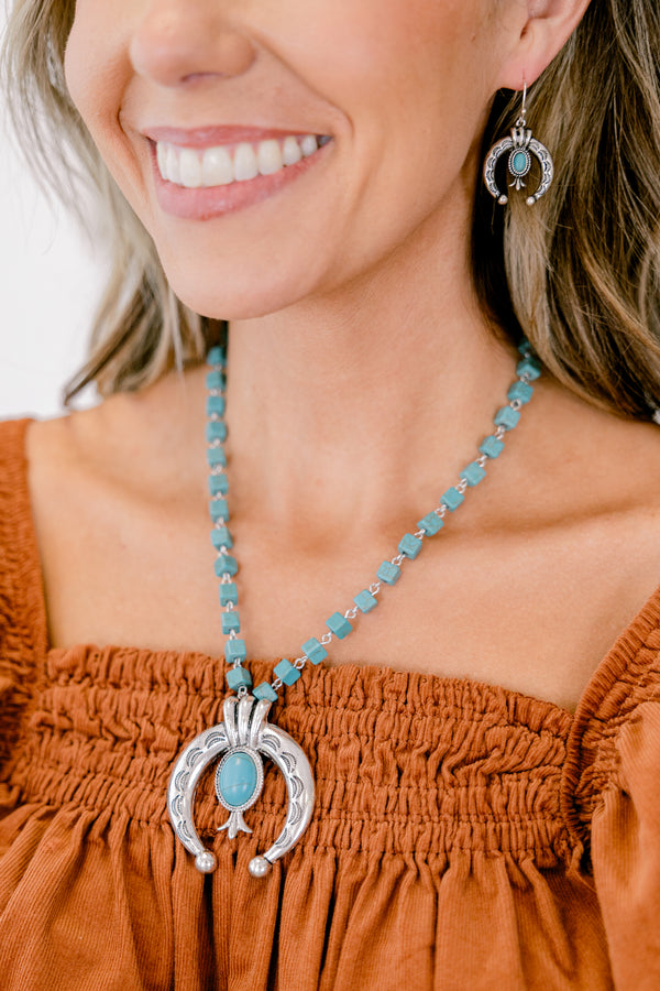 Chic Soul plus size clothing, turquoise beaded necklace with silver half moon pendant