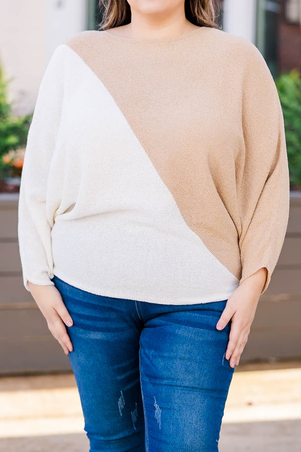 Chic Soul plus size clothing, cream and taupe geometrical sweater 3/4 sleeves and fitted at the waist
