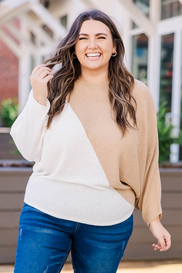 Chic Soul plus size clothing, cream and taupe geometrical sweater 3/4 sleeves and fitted at the waist