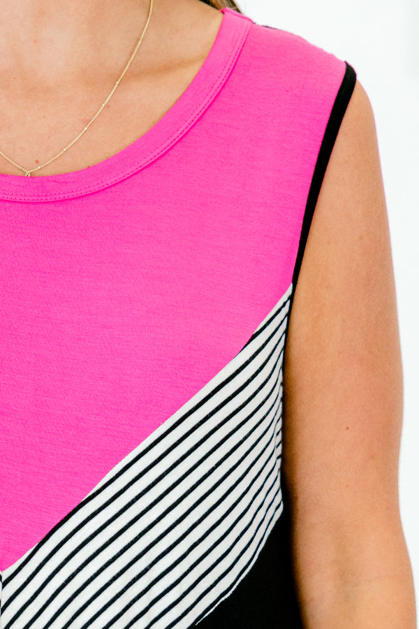 Chic Soul plus size clothing, sleeveless fuchsia and black dress with white and black chevron pattern in the middle