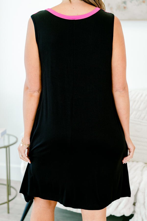 Chic Soul plus size clothing, sleeveless fuchsia and black dress with white and black chevron pattern in the middle