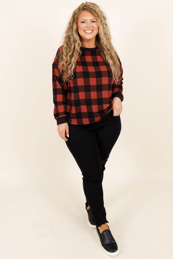 Chic Soul plus size clothing, red and black patterned soft long sleeve top to just throw on comfy and soft