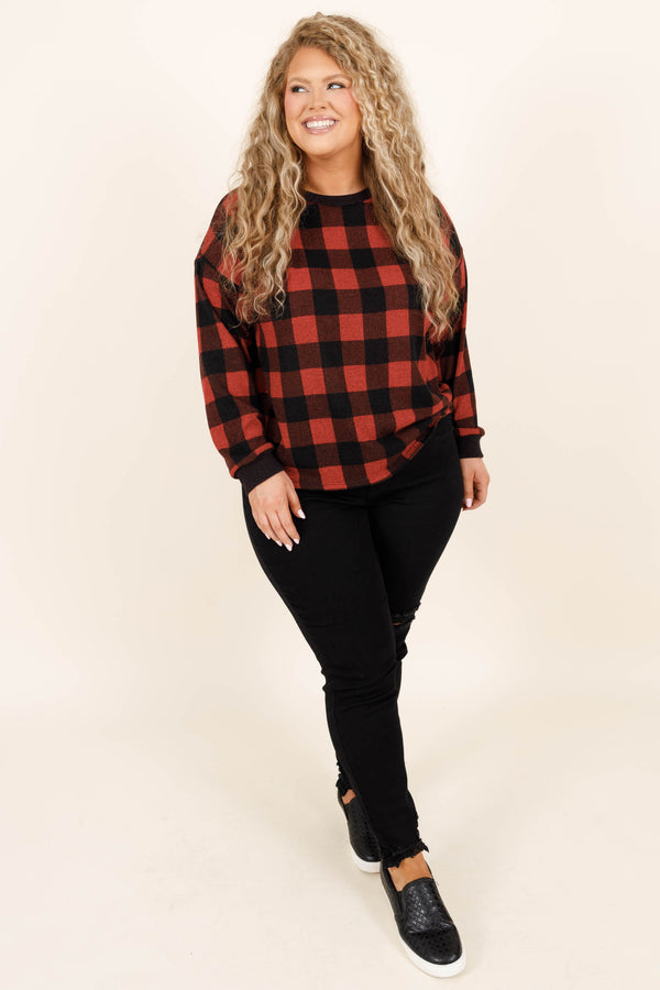 Chic Soul plus size clothing, red and black patterned soft long sleeve top to just throw on comfy and soft