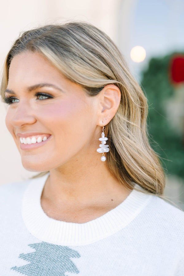 White Enchanted Evergreen drop earrings with stacked baroque pearls.