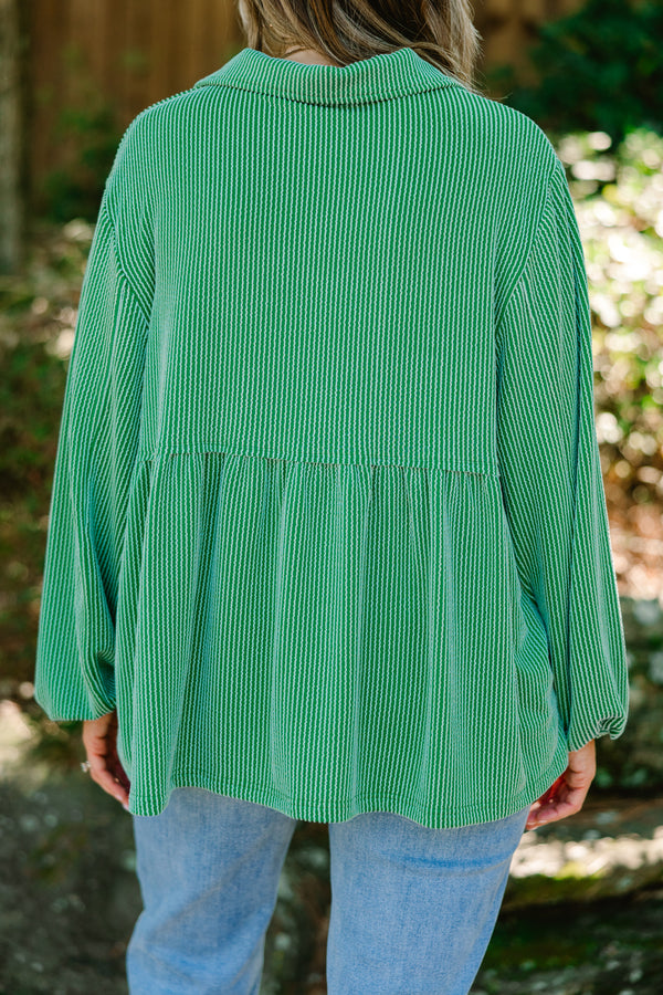 Chic Soul plus size clothing, green ribbed long sleeve baby doll top with a slight v-neckline 