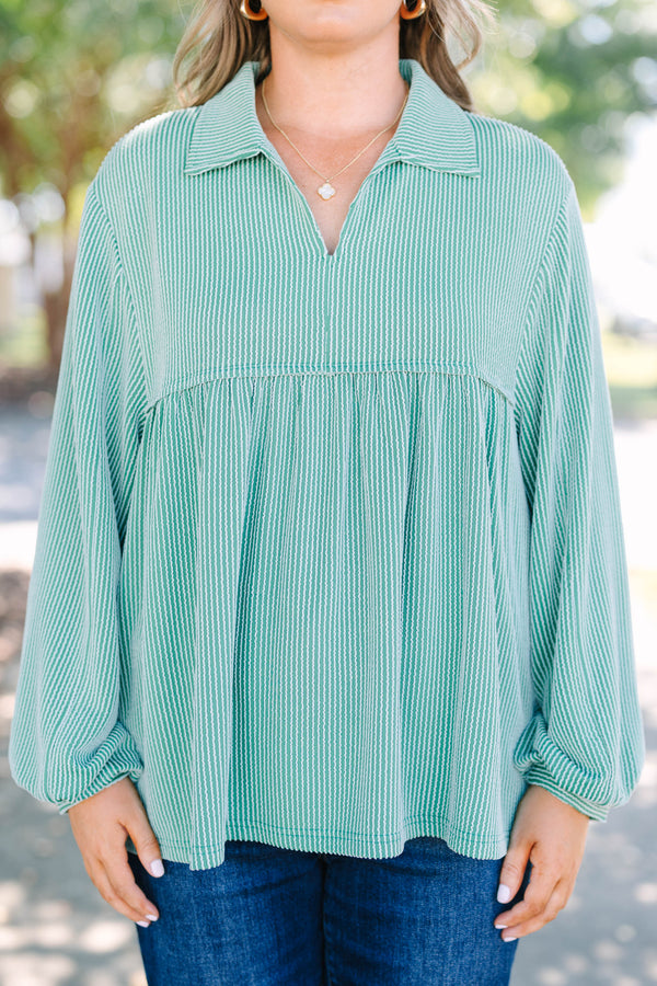 Chic Soul plus size clothing, green ribbed long sleeve baby doll top with a slight v-neckline 