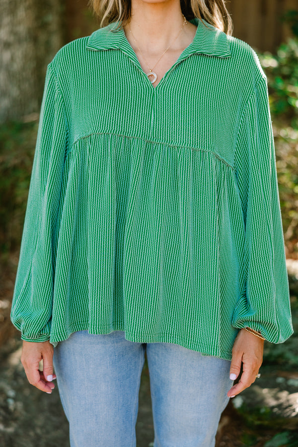 Chic Soul plus size clothing, green ribbed long sleeve baby doll top with a slight v-neckline 