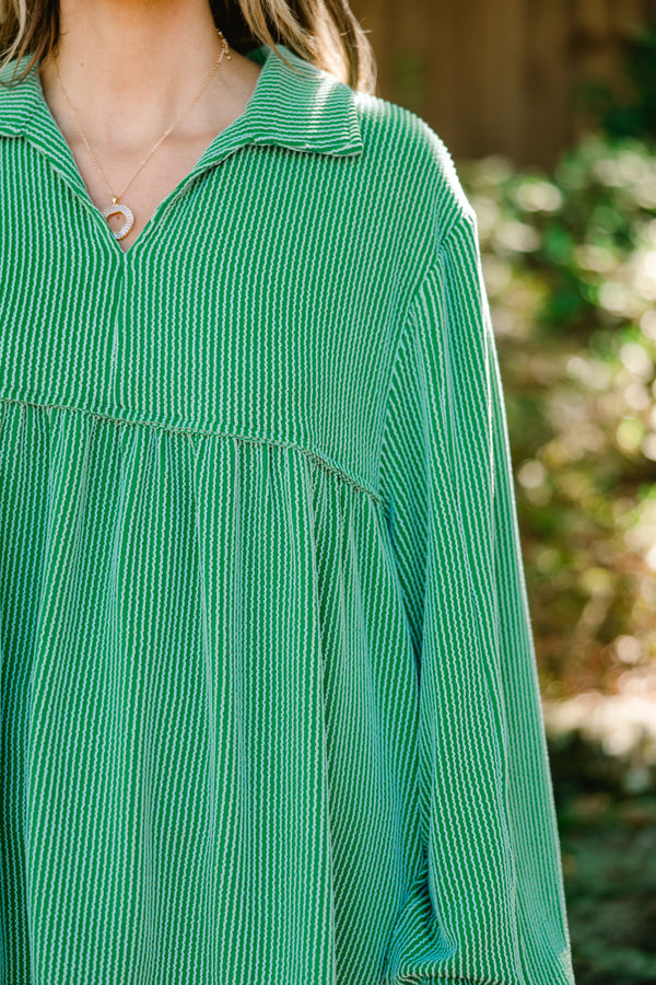 Chic Soul plus size clothing, green ribbed long sleeve baby doll top with a slight v-neckline 