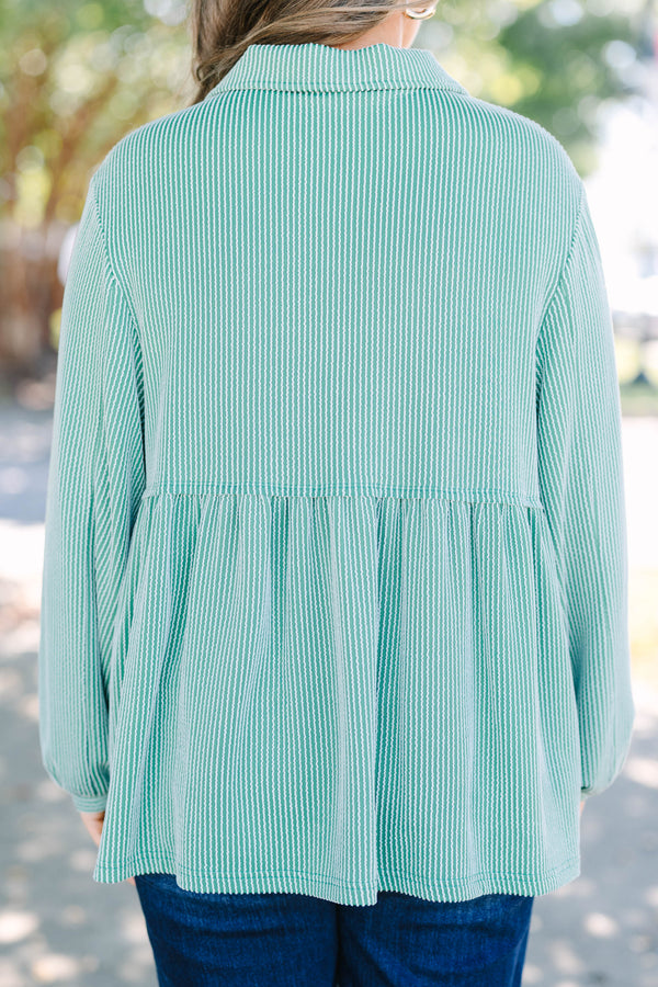 Chic Soul plus size clothing, green ribbed long sleeve baby doll top with a slight v-neckline 
