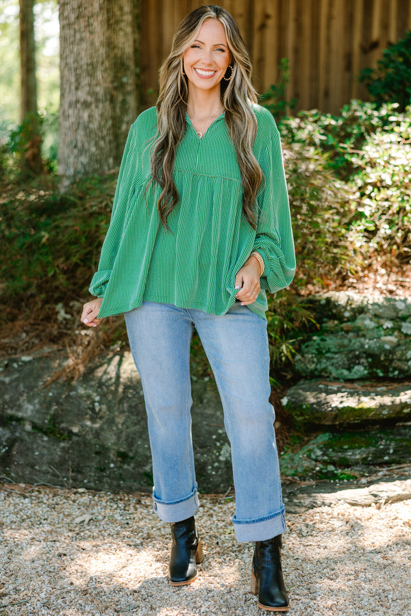 Chic Soul plus size clothing, green ribbed long sleeve baby doll top with a slight v-neckline 