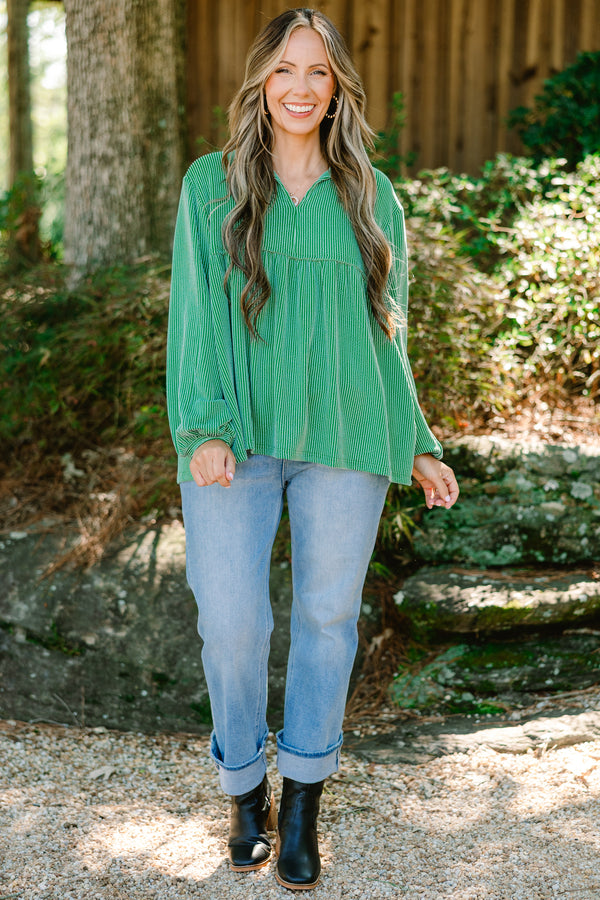 Chic Soul plus size clothing, green ribbed long sleeve baby doll top with a slight v-neckline 