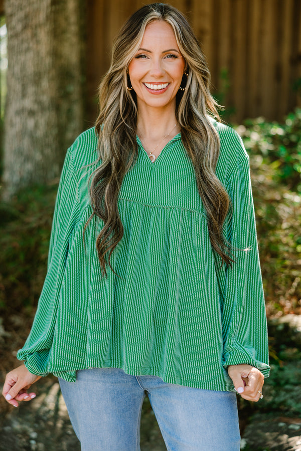 Chic Soul plus size clothing, green ribbed long sleeve baby doll top with a slight v-neckline 