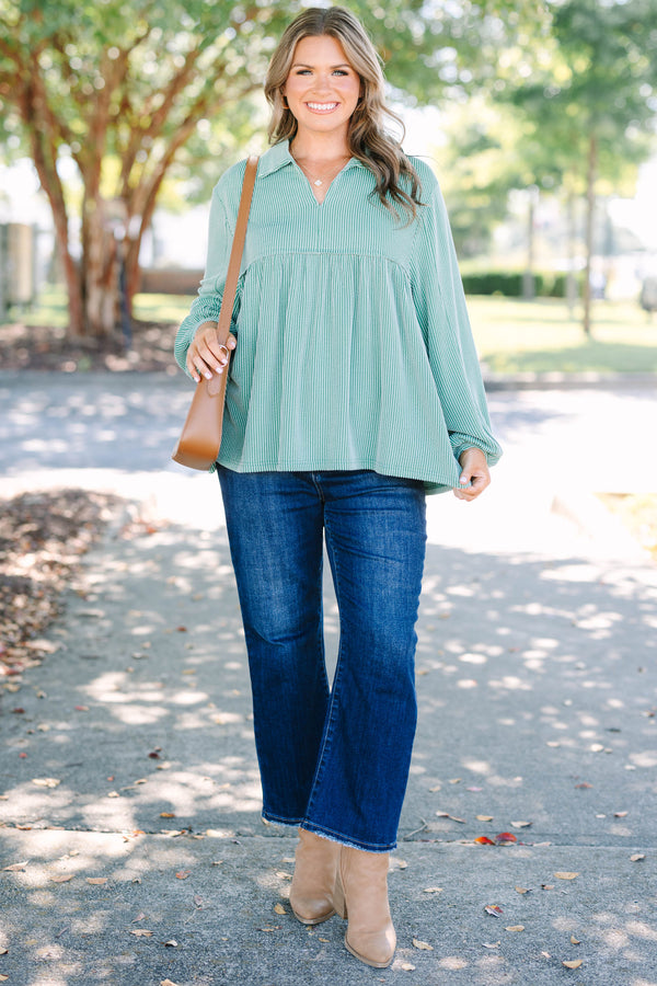 Chic Soul plus size clothing, green ribbed long sleeve baby doll top with a slight v-neckline 