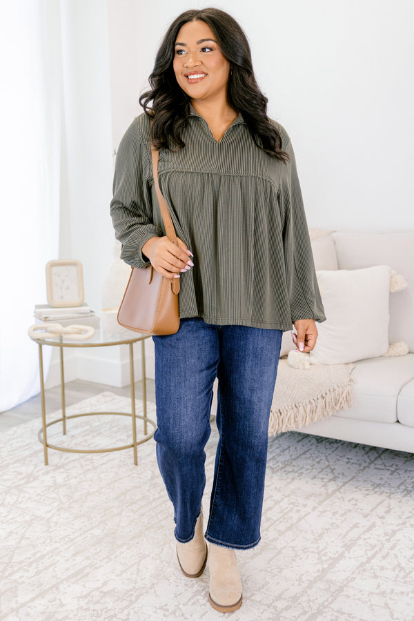 Chic Soul plus size clothing, olive ribbed long sleeve baby doll top with a slight v-neckline 
