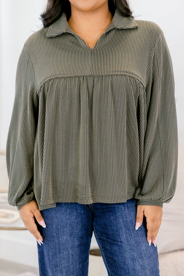Chic Soul plus size clothing, olive ribbed long sleeve baby doll top with a slight v-neckline 