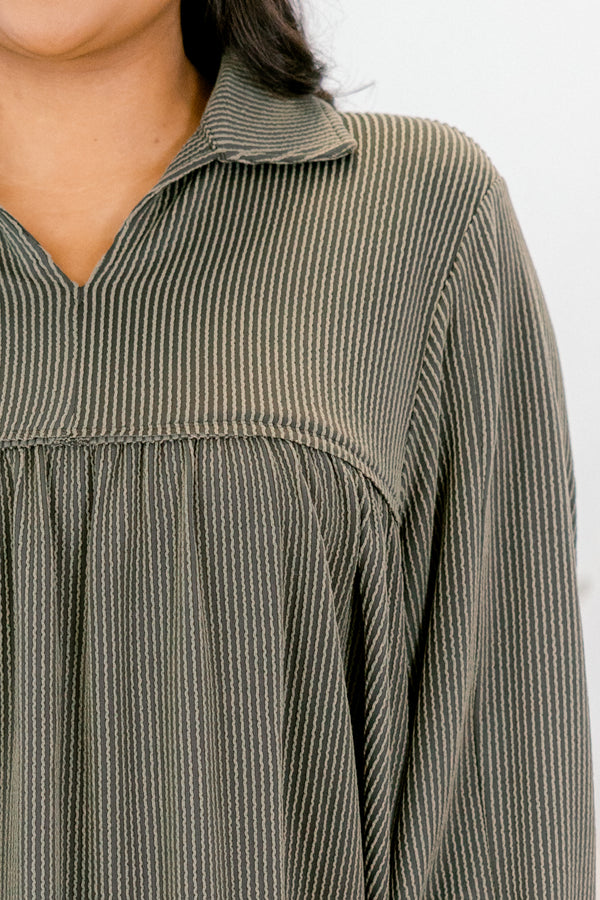 Chic Soul plus size clothing, olive ribbed long sleeve baby doll top with a slight v-neckline 