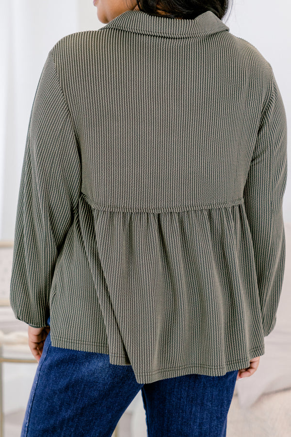 Chic Soul plus size clothing, olive ribbed long sleeve baby doll top with a slight v-neckline 