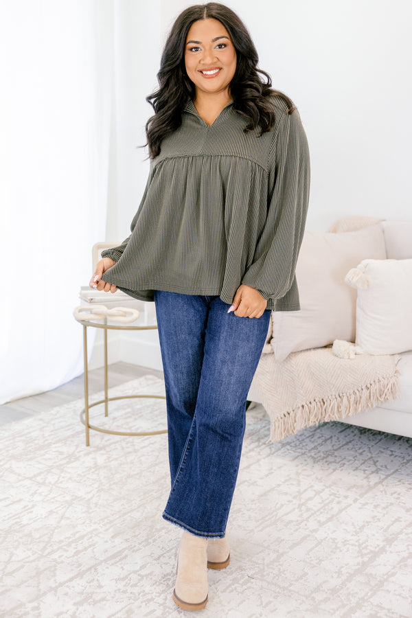 Chic Soul plus size clothing, olive ribbed long sleeve baby doll top with a slight v-neckline 