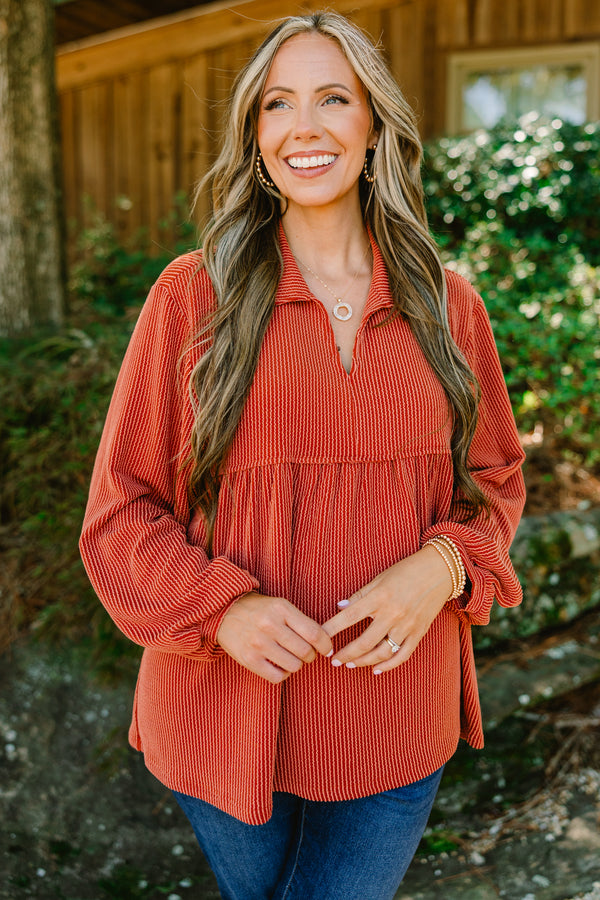 Chic Soul plus size clothing, burnt orange long sleeve top with ribbed texture and collar
