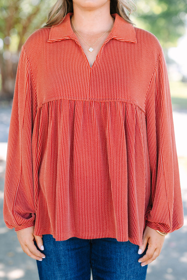 Chic Soul plus size clothing, burnt orange long sleeve top with ribbed texture and collar