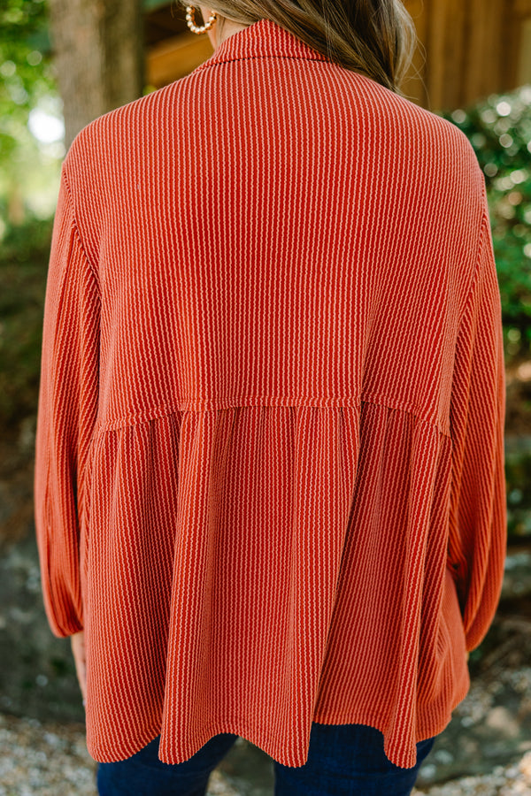 Chic Soul plus size clothing, burnt orange long sleeve top with ribbed texture and collar
