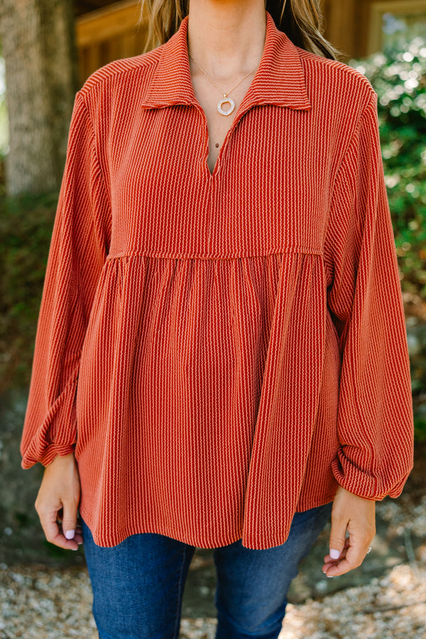 Chic Soul plus size clothing, burnt orange long sleeve top with ribbed texture and collar
