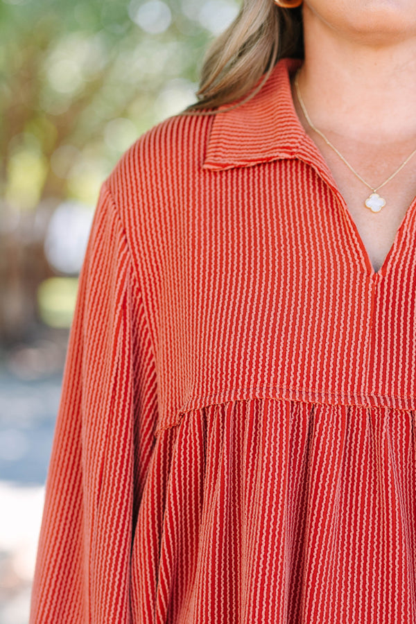 Chic Soul plus size clothing, burnt orange long sleeve top with ribbed texture and collar