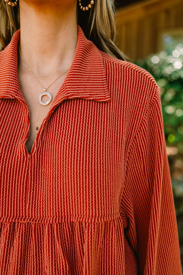 Chic Soul plus size clothing, burnt orange long sleeve top with ribbed texture and collar
