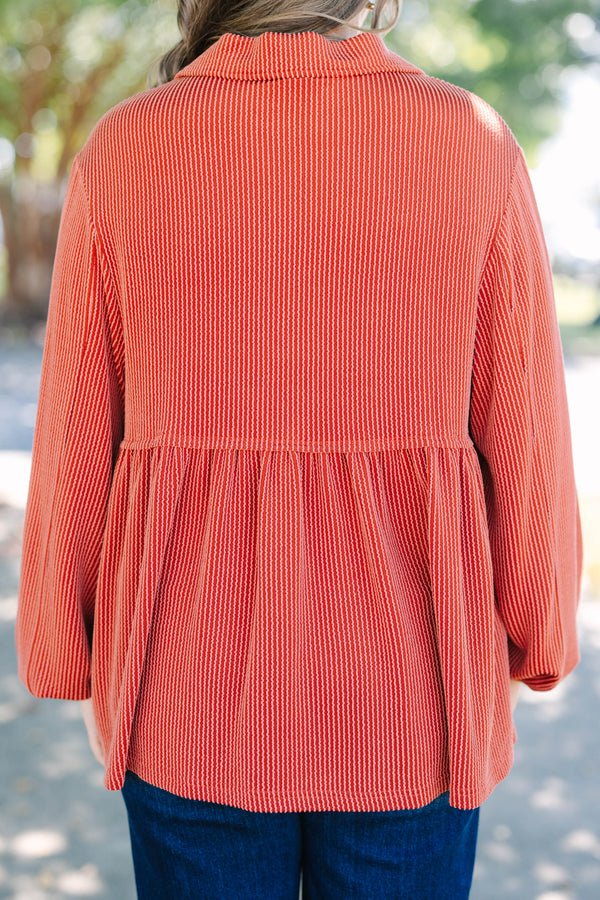 Chic Soul plus size clothing, burnt orange long sleeve top with ribbed texture and collar