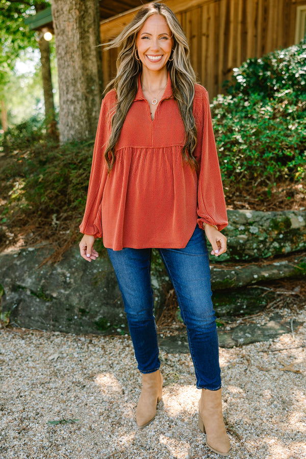 Chic Soul plus size clothing, burnt orange long sleeve top with ribbed texture and collar
