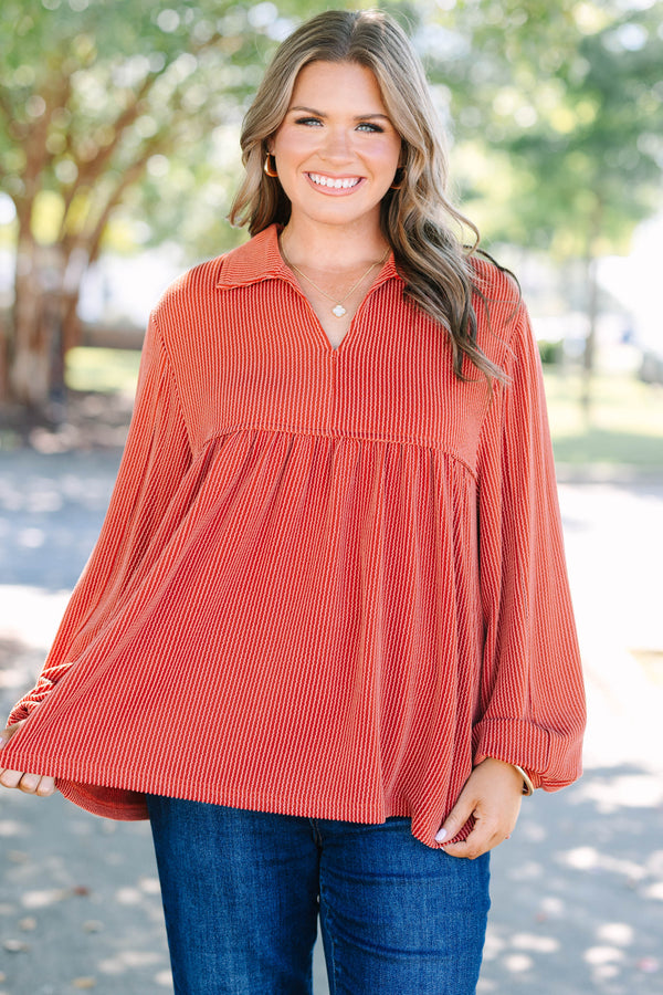 Chic Soul plus size clothing, burnt orange long sleeve top with ribbed texture and collar