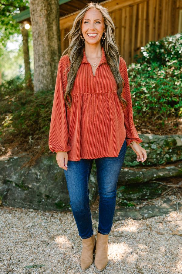 Chic Soul plus size clothing, burnt orange long sleeve top with ribbed texture and collar
