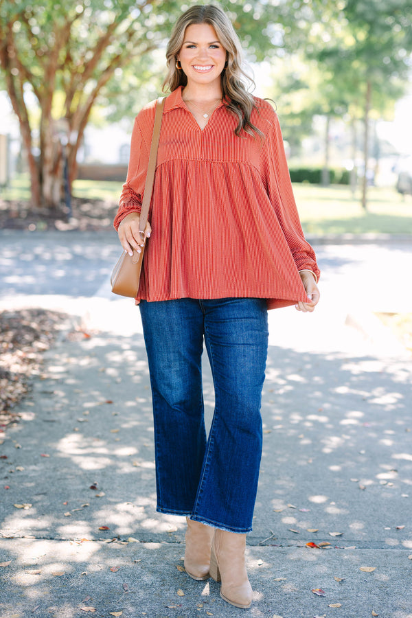 Chic Soul plus size clothing, burnt orange long sleeve top with ribbed texture and collar