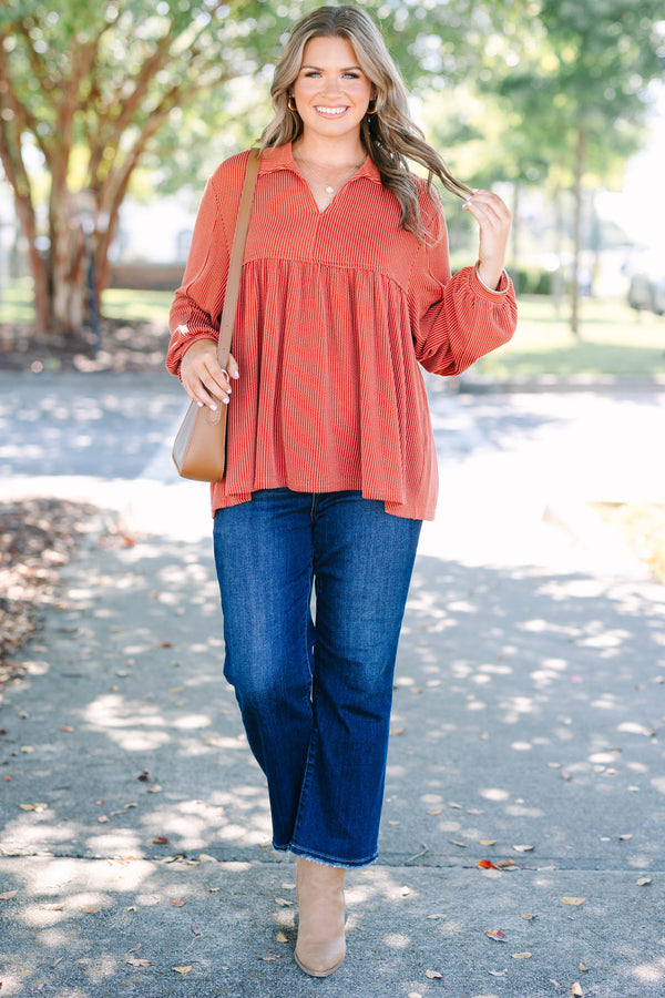 Chic Soul plus size clothing, burnt orange long sleeve top with ribbed texture and collar