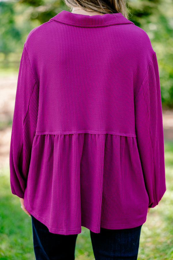 Chic Soul plus size clothing, purple long sleeve flowy top with collar