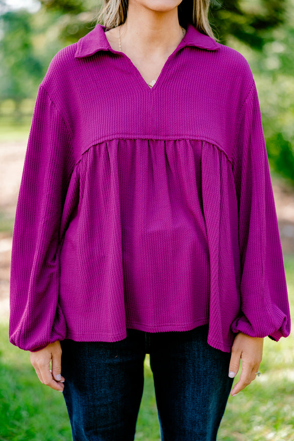 Chic Soul plus size clothing, purple long sleeve flowy top with collar