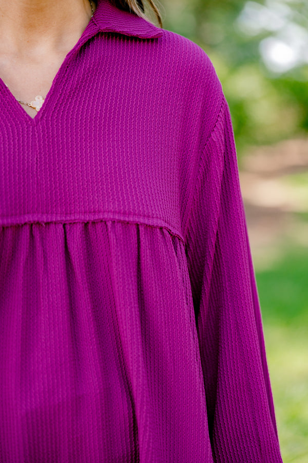 Chic Soul plus size clothing, purple long sleeve flowy top with collar