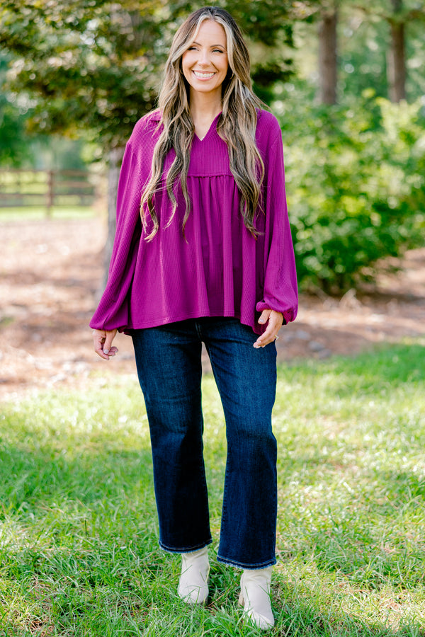 Chic Soul plus size clothing, purple long sleeve flowy top with collar